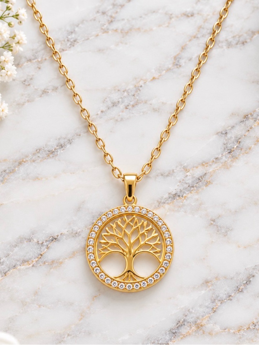 Gold Plated Tree of Life Round Charm Pendant Necklace